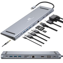 Adapter HUB USB dokkimisjaam Maclean, Type-C - HDMI / USB 3.0 / USB-C / VGA / RJ-45, alumiiniumist korpus, MCTV-850