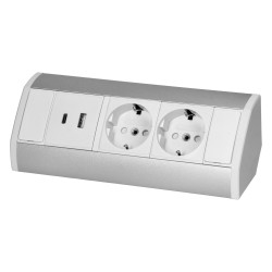 Mööbli pesa 2x2P+Z (Schuko), 2xUSB (tüüp A+C 2.4A), valge ja hõbedane