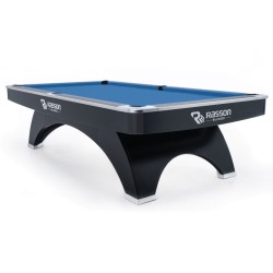 Billiard Table, Pool, Rasson Ox, 9 ft., Black, MATCHROOM pocket size, Simonis 860 electric blue