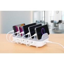 Manhattan Charging Station, 10x Ports: 3x USB-C (up to 18W PD) and 7x USB-A (up to 12W), 120W Total Output, White/Grey, Three Ye