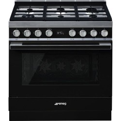Gaasipliit Smeg, Portofino, 6 x gaas, elektriahi, 90 cm, pürolüüs, must