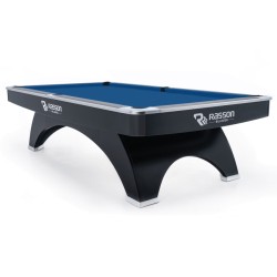 Billiard Table, Pool, Rasson Ox, 9 ft., Black, MATCHROOM pocket size, Simonis 860 royal blue